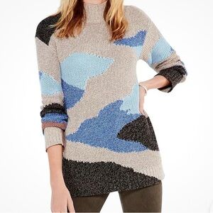 NIC+ZOE L50603 Women’s Blue Multi Winter Waves Turtleneck Sweater Size PM